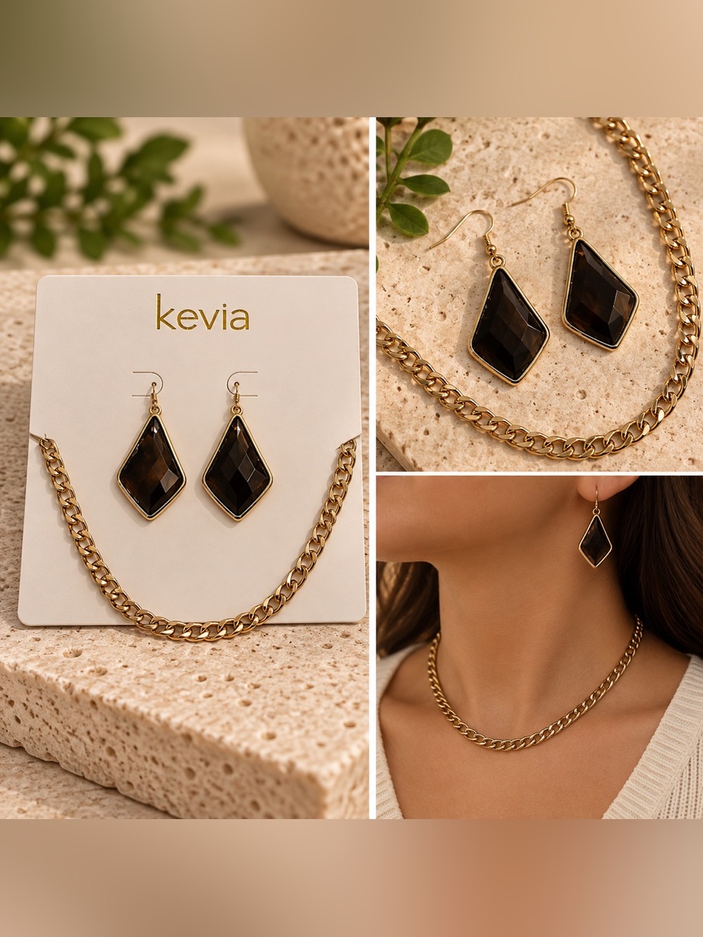 NWT Kevia Gold Chain Necklace & Faceted Drop Earrings Set